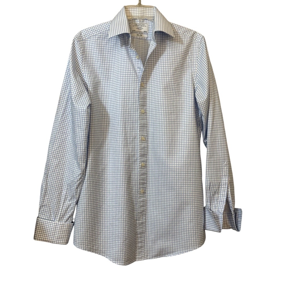 CHARLES TYRWHITT French cuff Double cuff Blue check shirt Med 15.5 slim fit